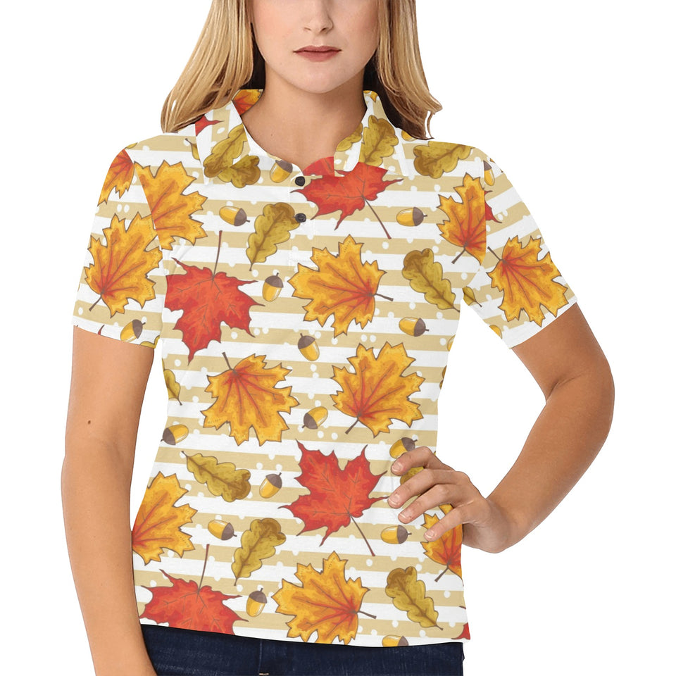 Maple leaf oak leaf acorns beige striped backgroun Women's All Over Print Polo Shirt