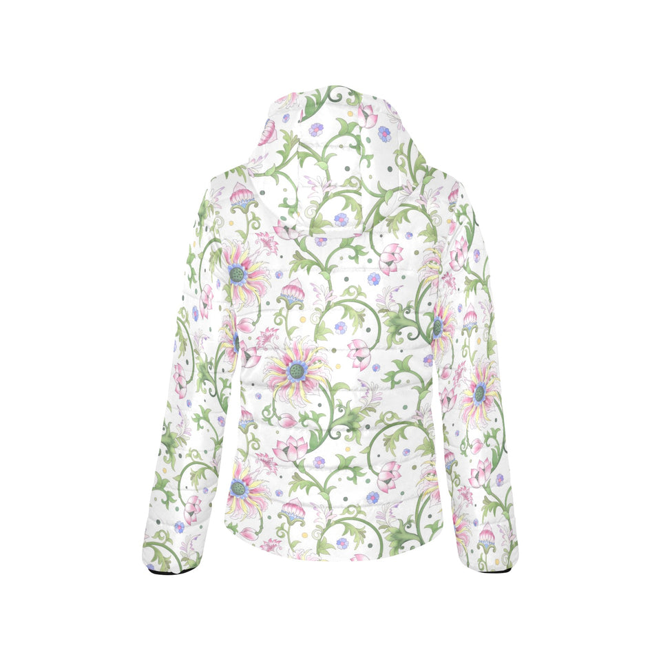 Beautiful pink lotus waterlily leaves pattern Women's Padded Hooded Jacket
