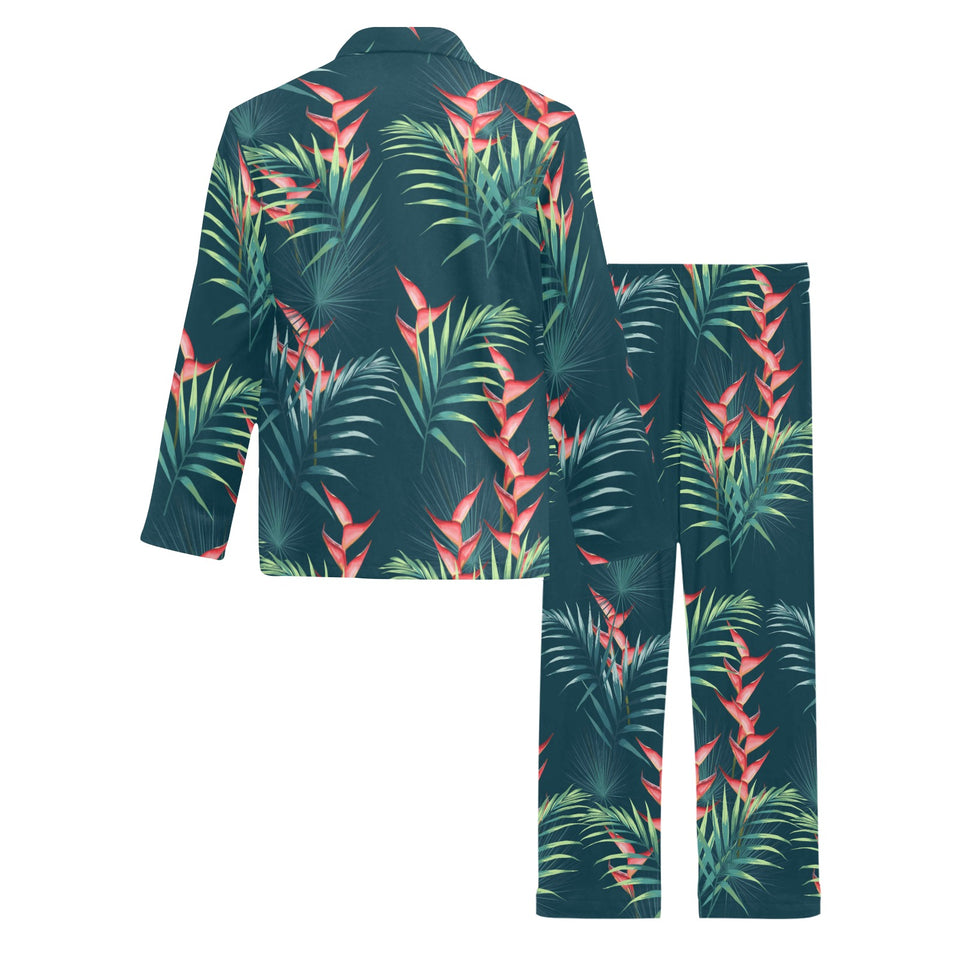 heliconia flowers, palm and monstera leaves on bla Men's Long Pajama Set