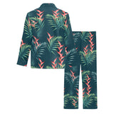 heliconia flowers, palm and monstera leaves on bla Men's Long Pajama Set
