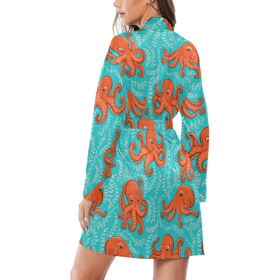 Octopus turquoise background Women's Long Sleeve Belted Night Robe