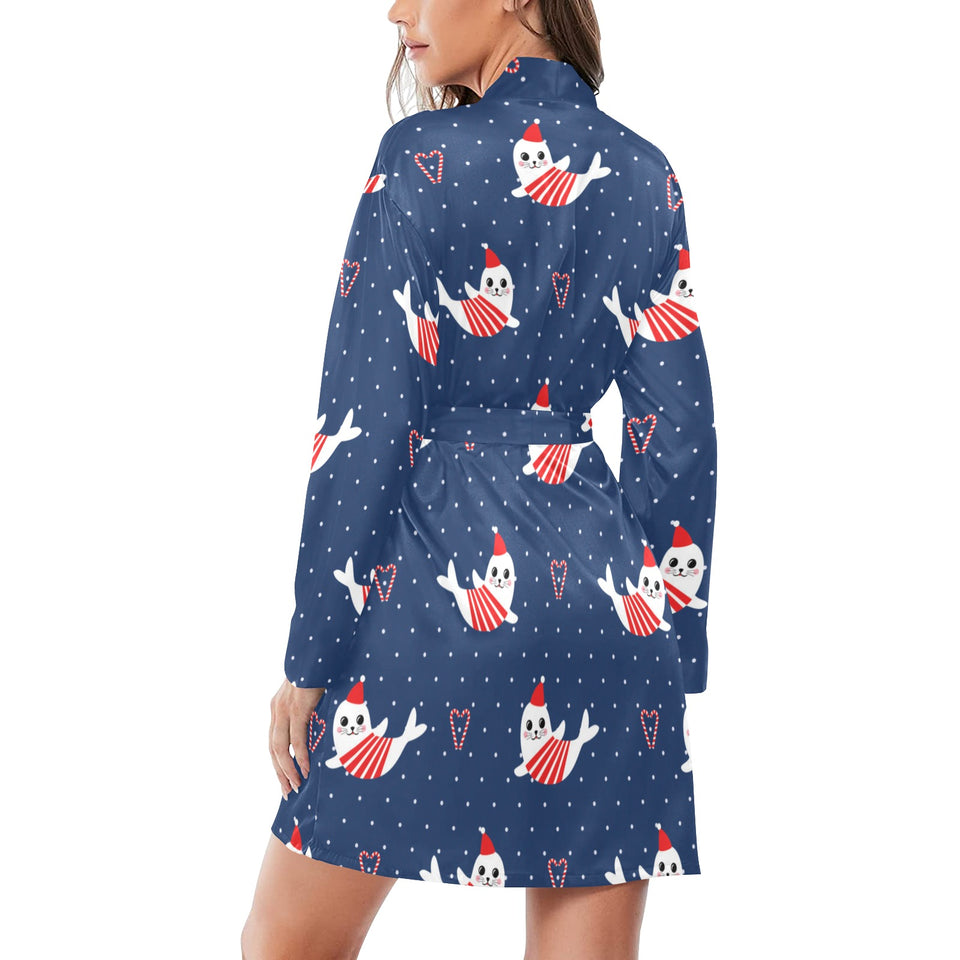 Cute sea lion seal christmas hat candy cane heart Women's Long Sleeve Belted Night Robe