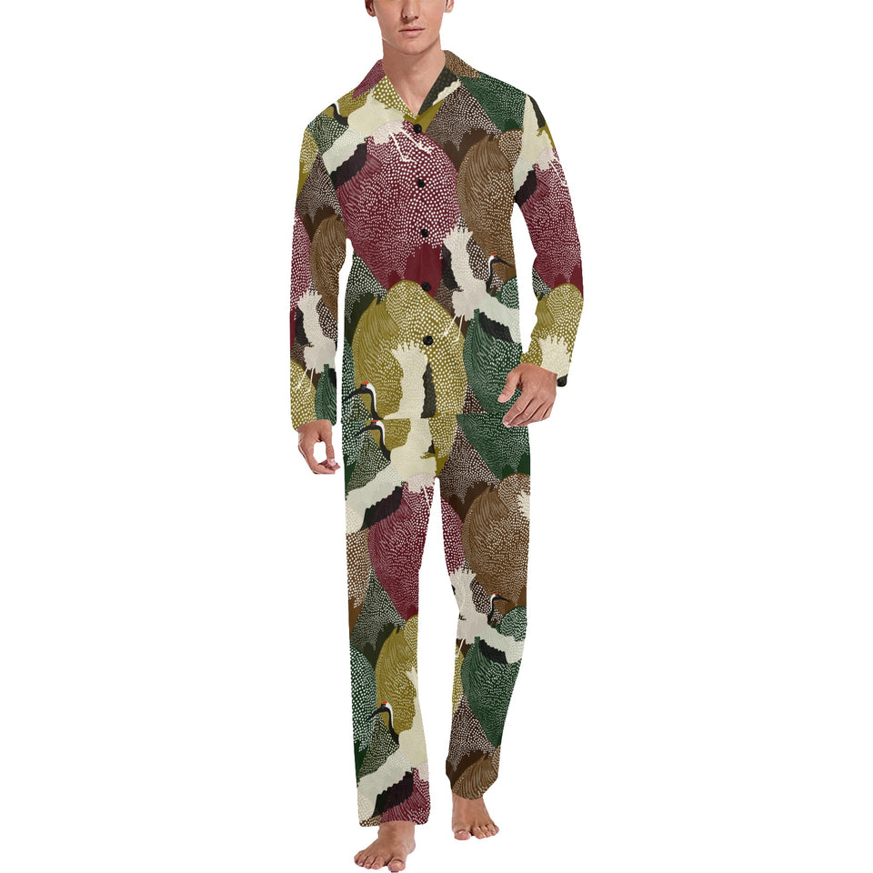 Japanese cranes flying forest dot pattern Men's Long Pajama Set