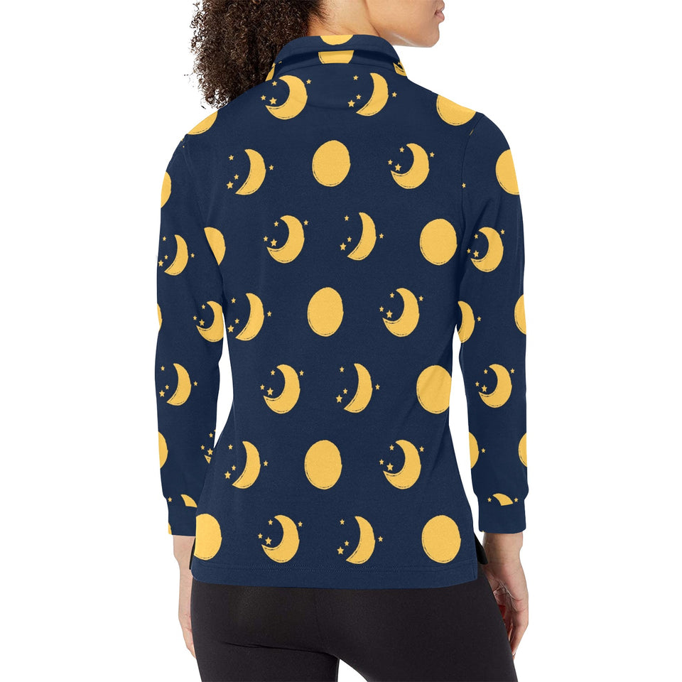 Moon star pattern Women's Long Sleeve Polo Shirt