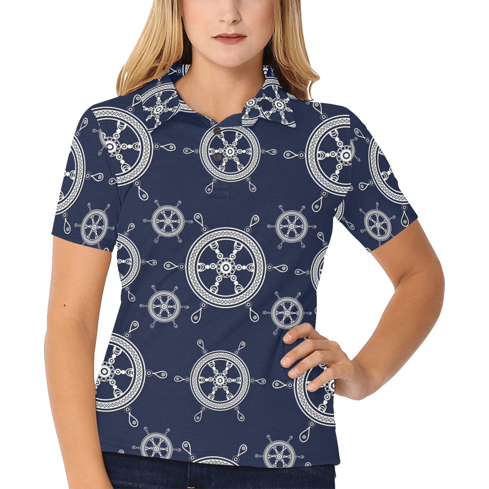 nautical steering wheel design pattern Women's All Over Print Polo Shirt