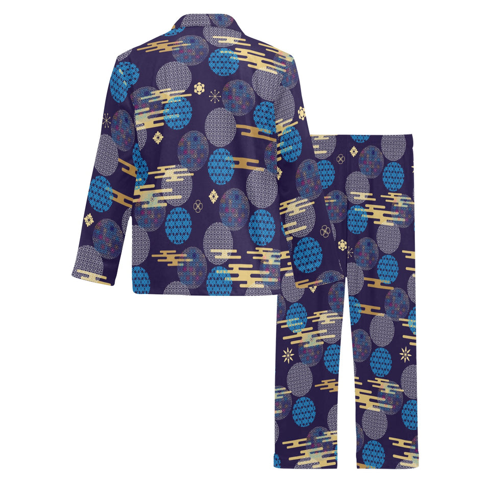 Blue japanese pattern cloud wave flower Men's Long Pajama Set