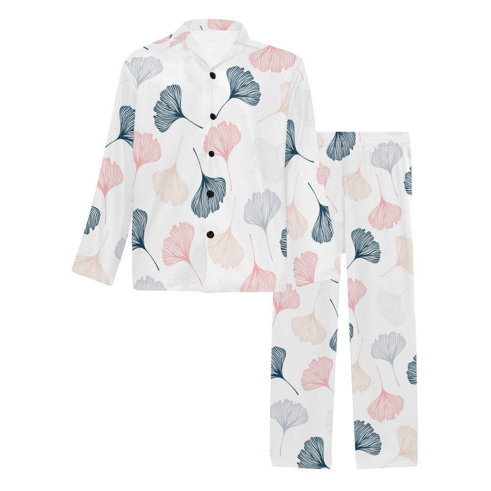 Black Gray Cream coral ginkgo leaves pattern Men's Long Pajama Set