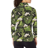 White orchid flower tropical leaves pattern blackg Women's Long Sleeve Polo Shirt