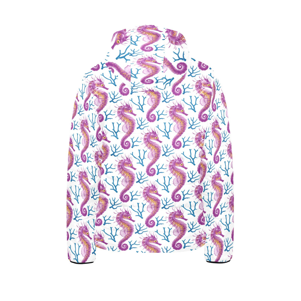 Purple seahorse blue coral pattern Kids' Boys' Girls' Padded Hooded Jacket