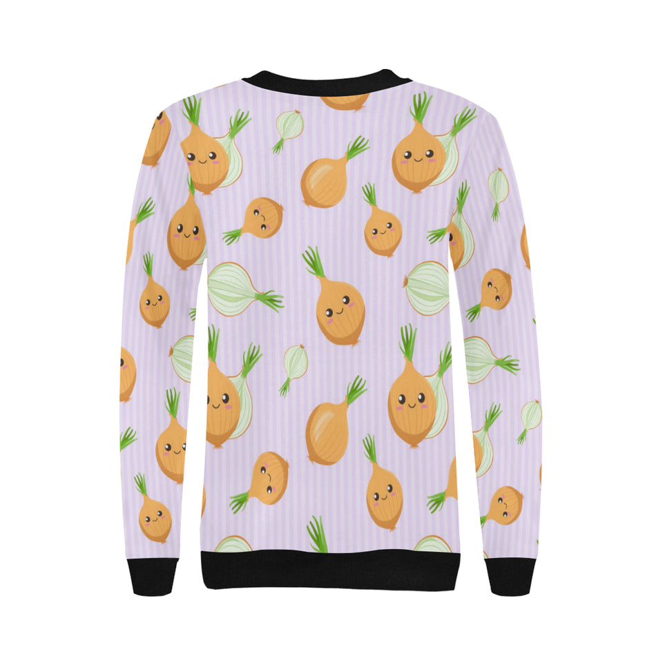 cute onions smiling faces purple background Women's Crew Neck Sweatshirt