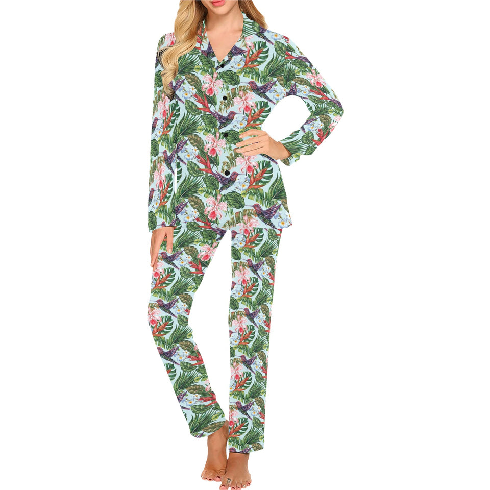 Hummingbird Pattern Print Design 05 Women's Long Pajama Set