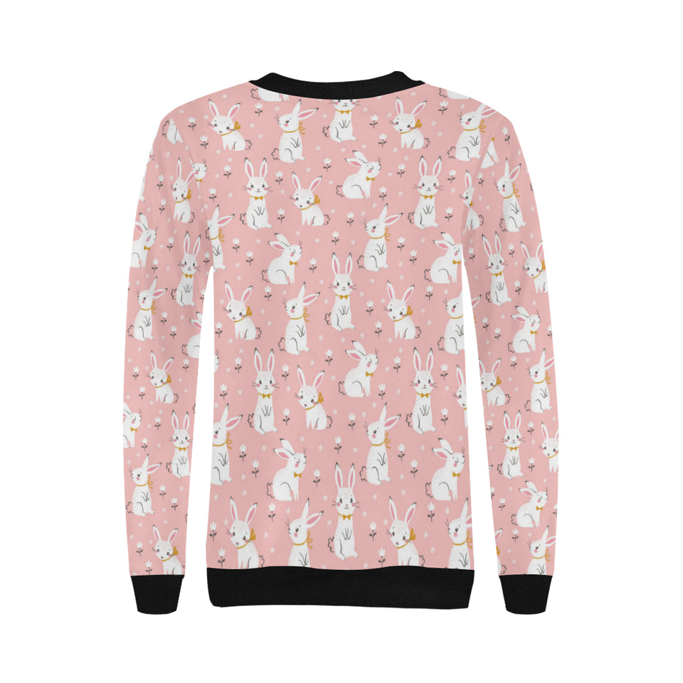 Cute white rabbit flower pink background Women's Crew Neck Sweatshirt
