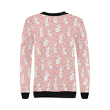 Cute white rabbit flower pink background Women's Crew Neck Sweatshirt