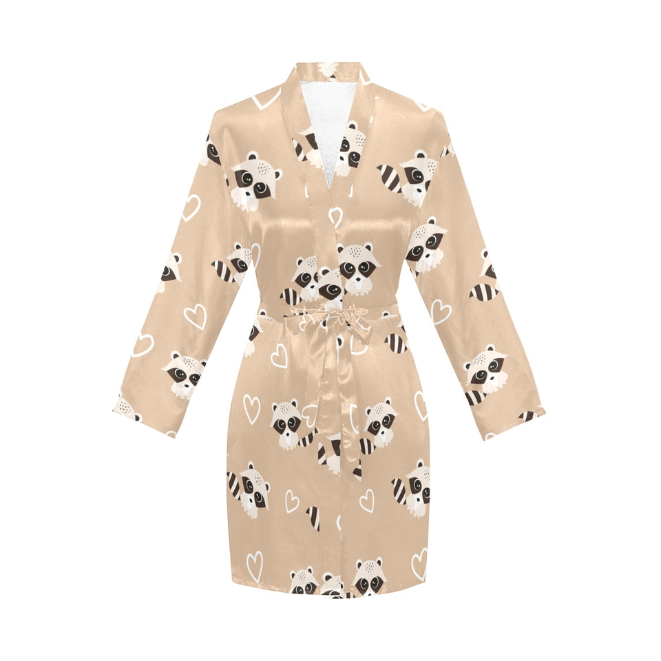 Cute raccoon heart pattern Women's Long Sleeve Belted Night Robe