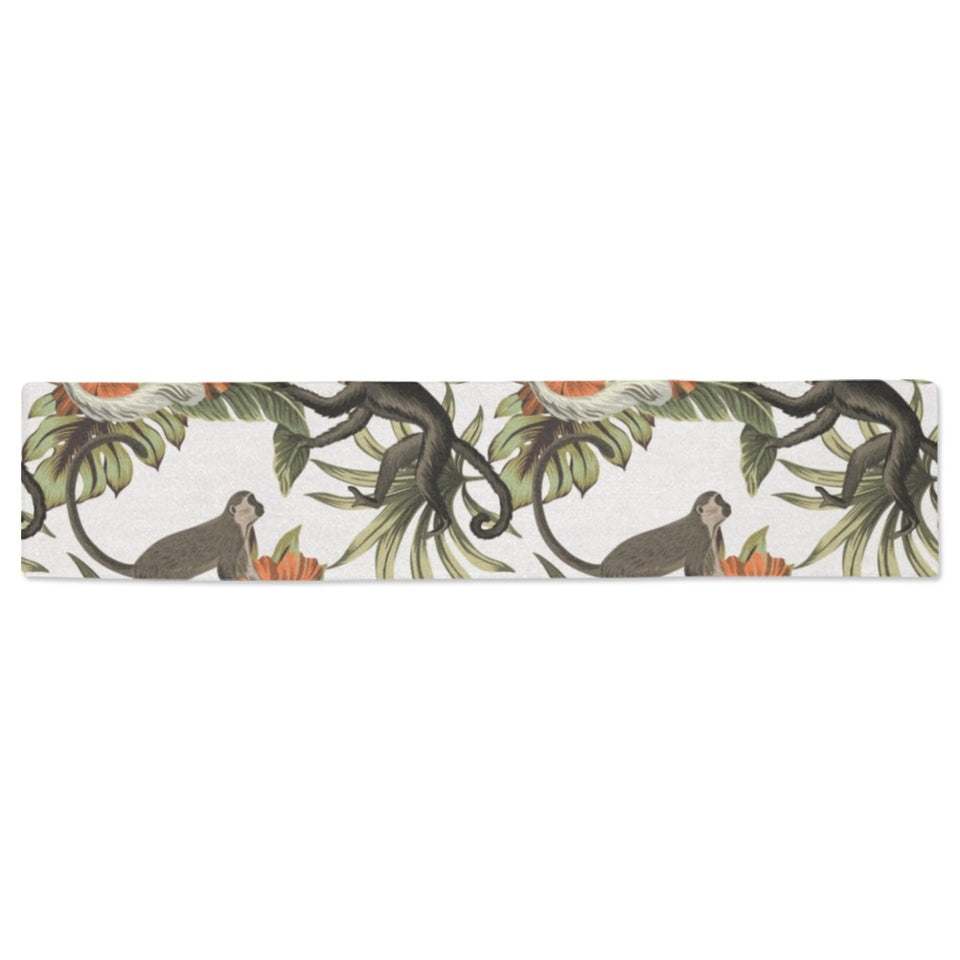 Monkey red hibiscus flower palm leaves floral patt Table Runner