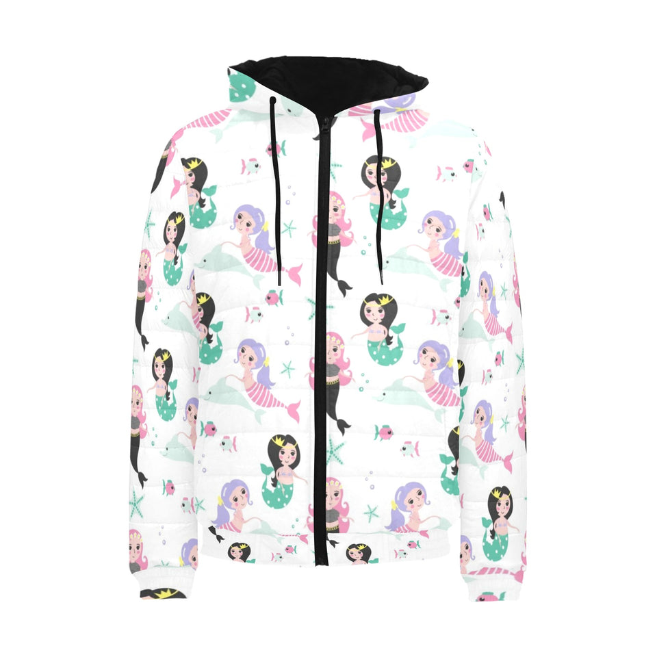 cute mermaid dolphin fish starfish pattern Men's Padded Hooded Jacket