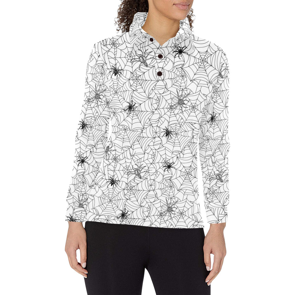 Spider web cobweb pattern Women's Long Sleeve Polo Shirt