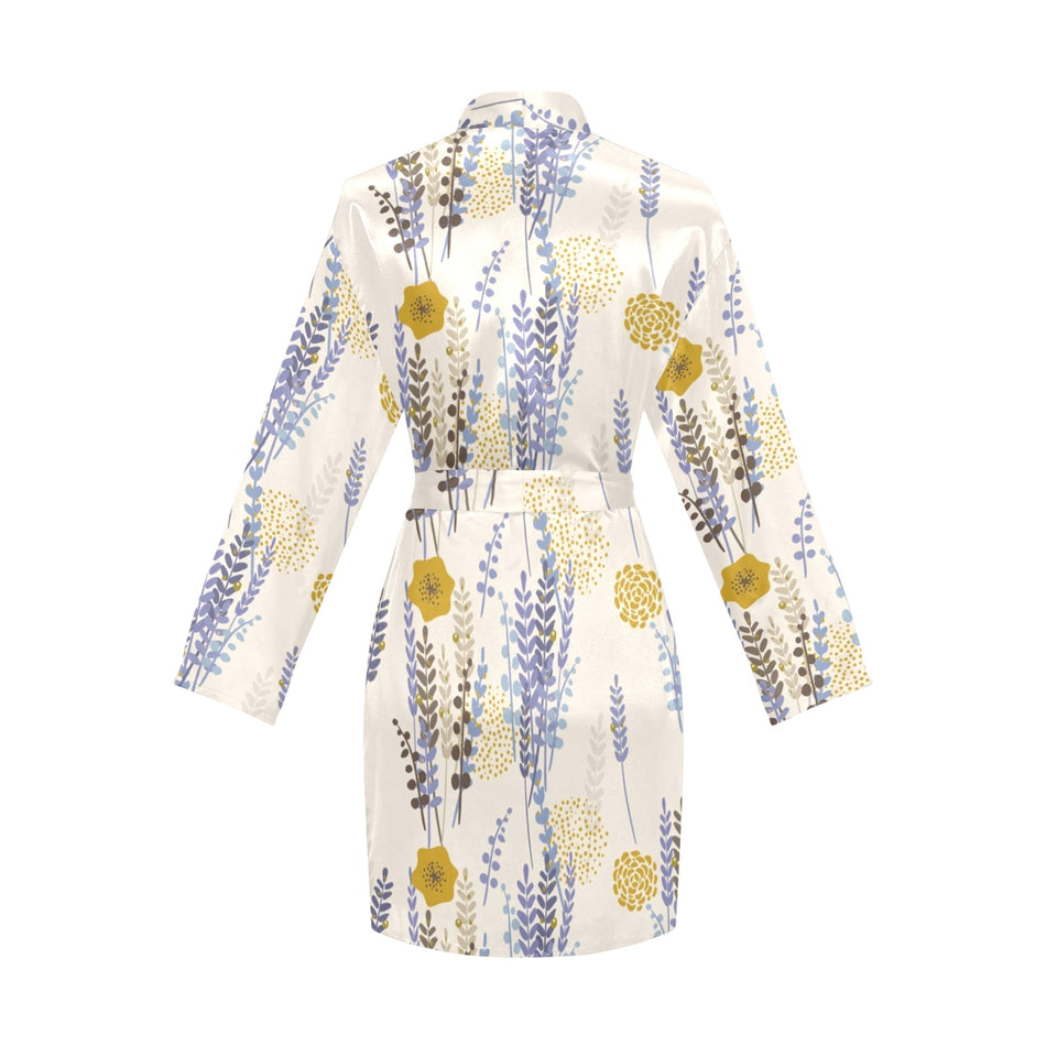 Lavender modern pattern blackground Women's Long Sleeve Belted Night Robe
