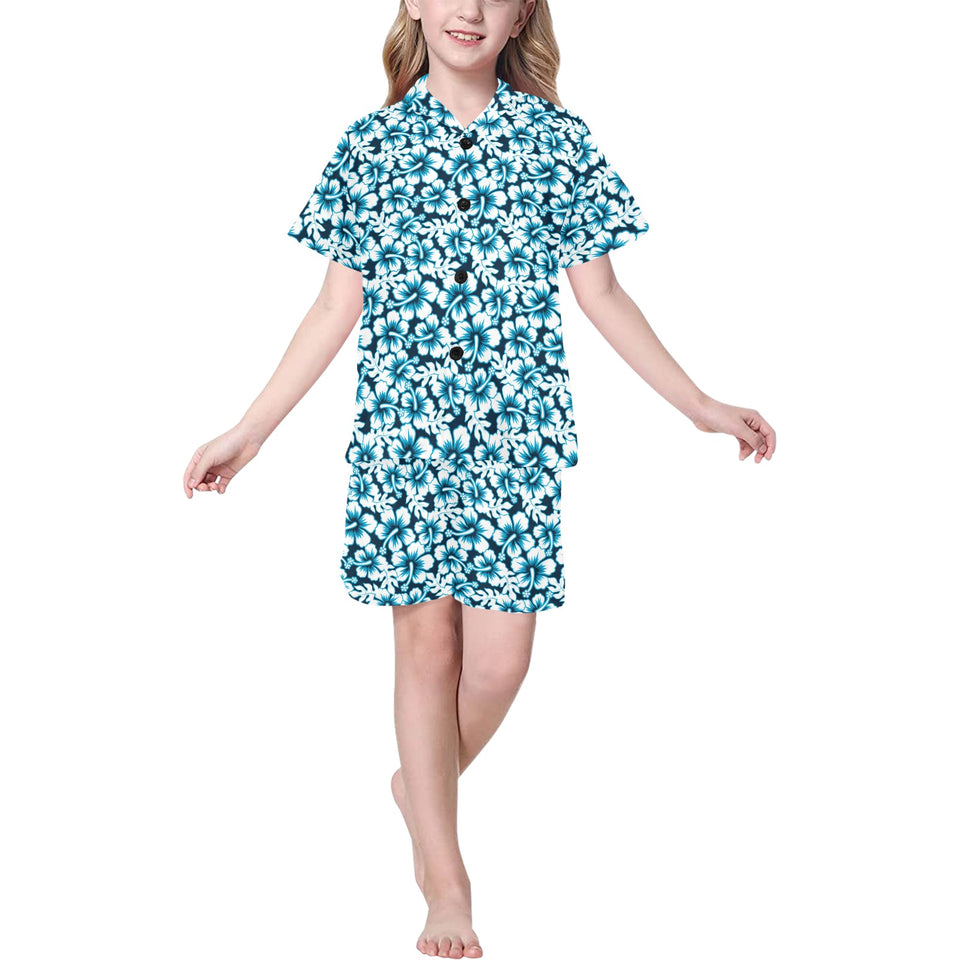 Hibiscus Pattern Print Design 04 Kids' Boys' Girls' V-Neck Short Pajama Set