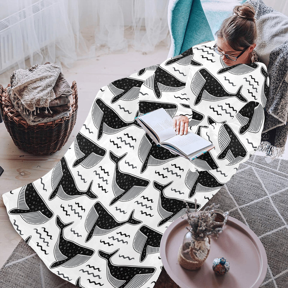 Black whale pattern Blanket Robe with Sleeves