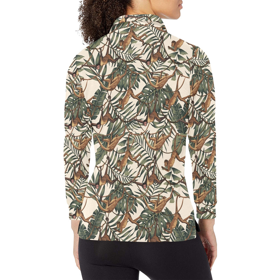 Monkey tropical leaves background Women's Long Sleeve Polo Shirt