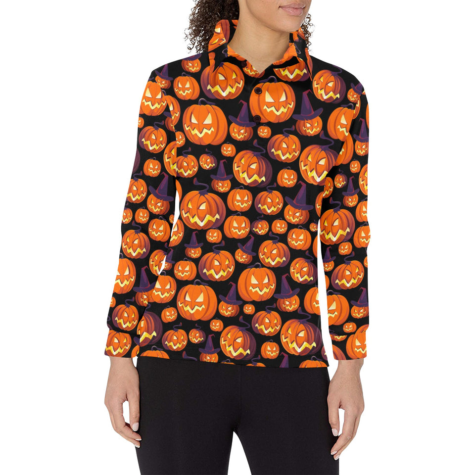 Halloween Pumpkin pattern Women's Long Sleeve Polo Shirt
