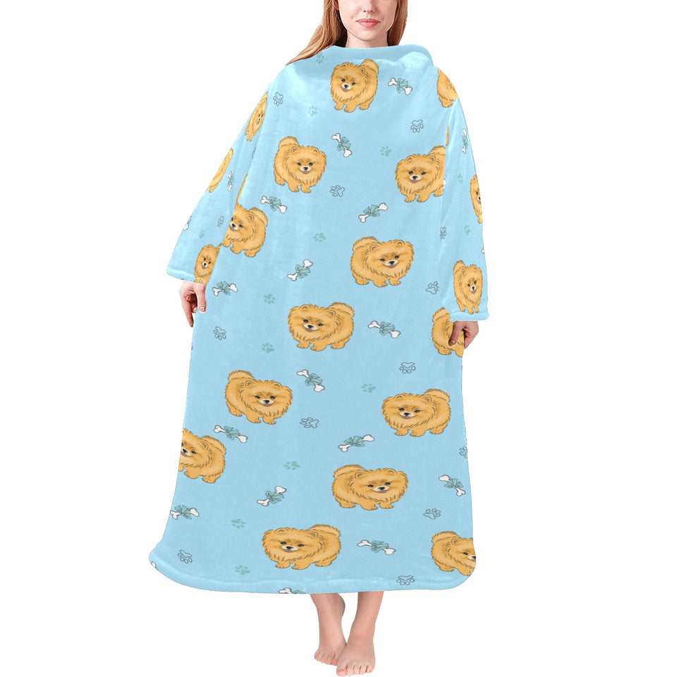 Brown cute pomeranian blue blackground Blanket Robe with Sleeves