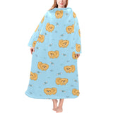 Brown cute pomeranian blue blackground Blanket Robe with Sleeves