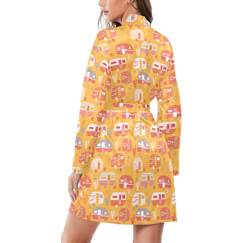 Camper Van Pattern Print Design 04 Women's Long Sleeve Belted Night Robe