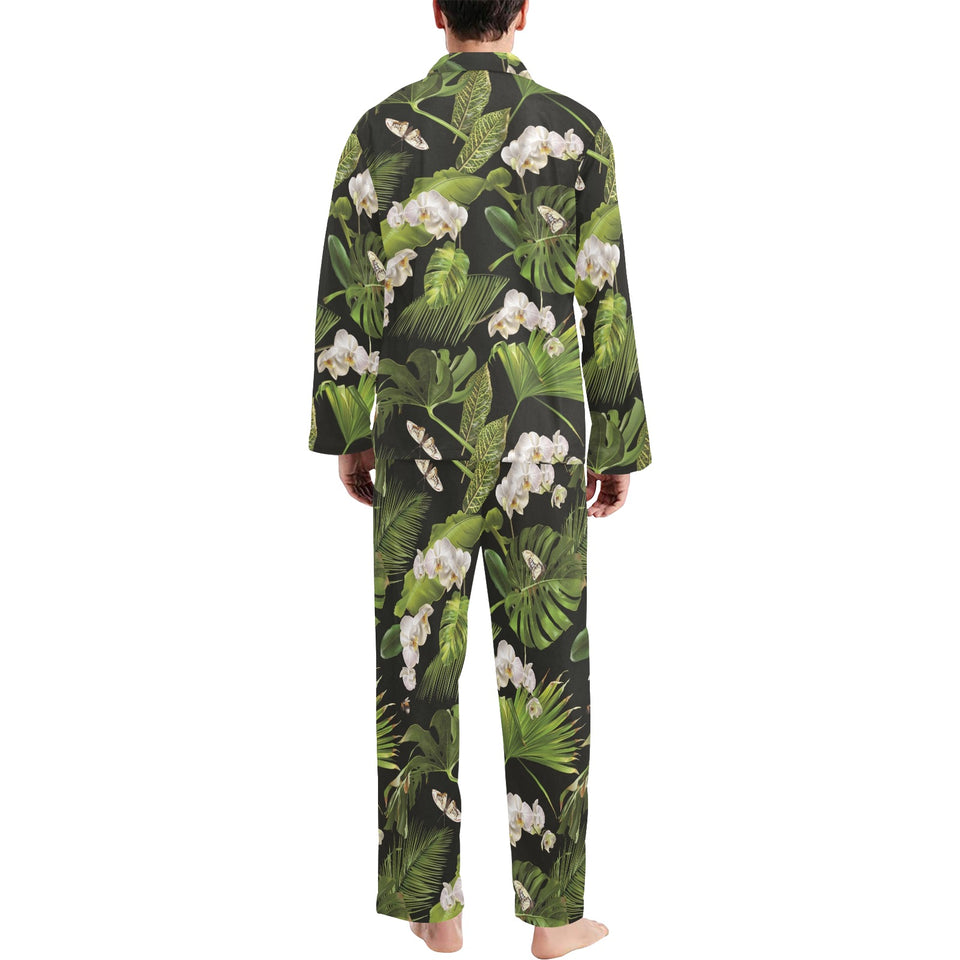 White orchid flower tropical leaves pattern blackg Men's Long Pajama Set