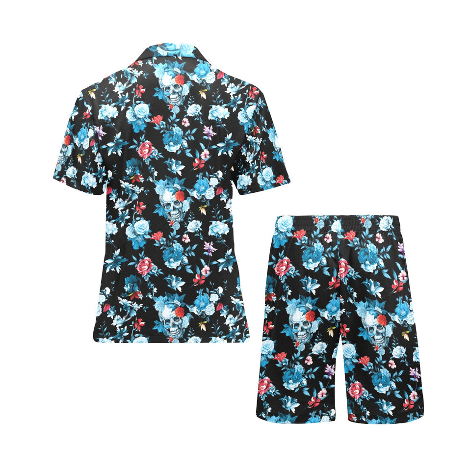 Skull flower roses leave pattern Men's V-Neck Short Pajama Set