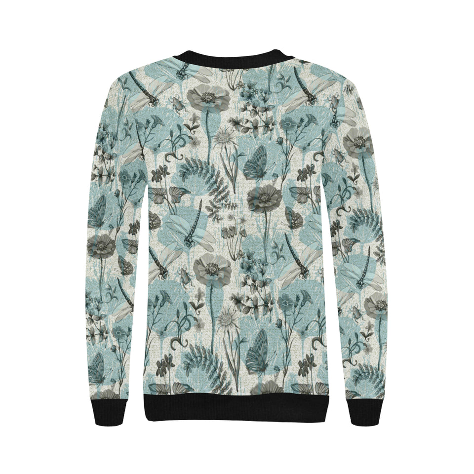 Dragonfly Butterfly Plants insect flower vintage s Women's Crew Neck Sweatshirt