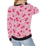 cherry flower pattern pink background Women's Crew Neck Sweatshirt