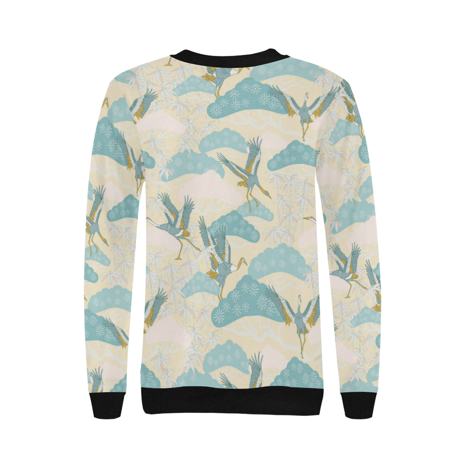Bonsai bamboo stork japanese pattern cream theme Women's Crew Neck Sweatshirt