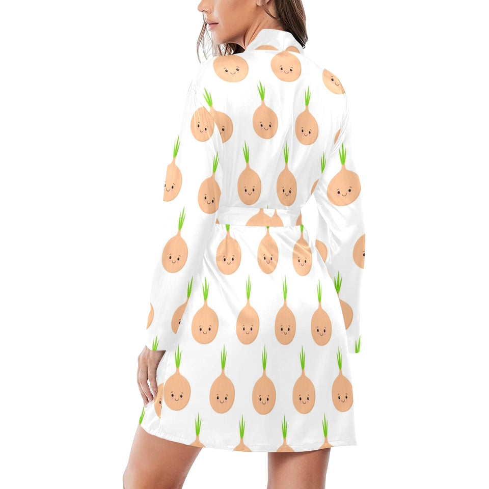 cute onions smiling faces Women's Long Sleeve Belted Night Robe