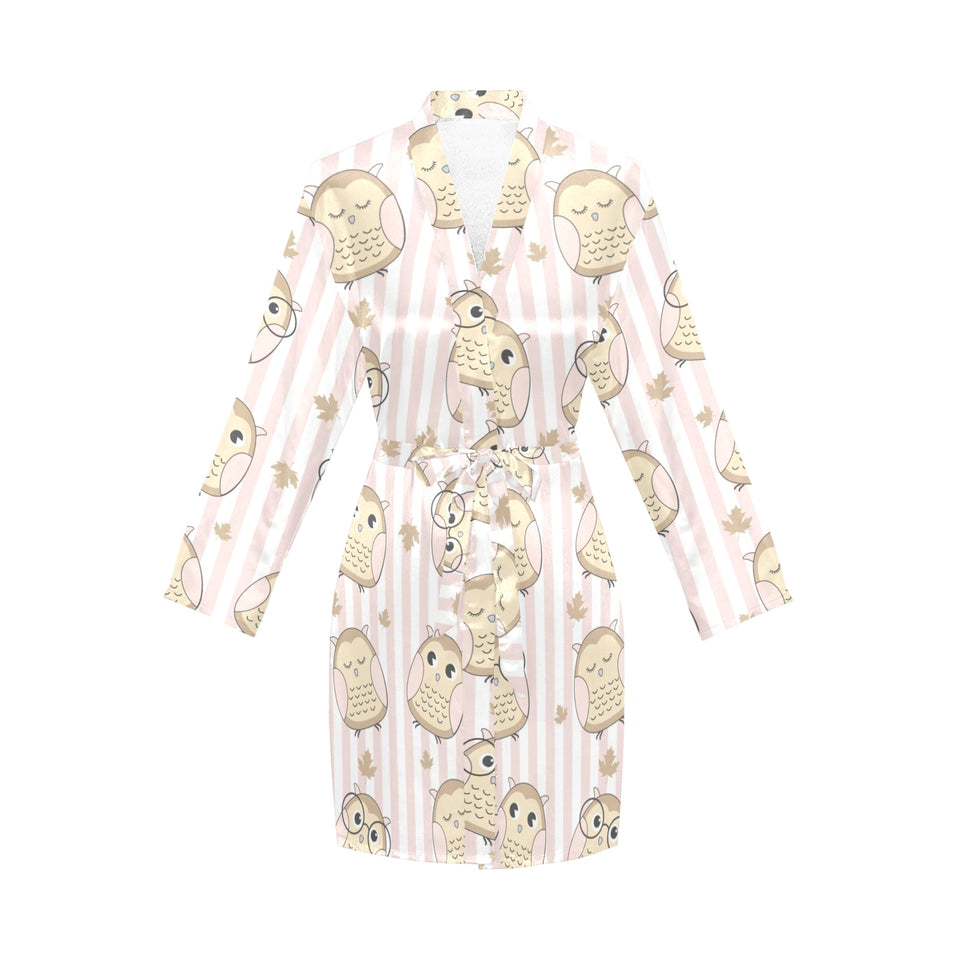 cute owl leaf Women's Long Sleeve Belted Night Robe