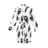 Ninja pattern plaid background Women's Long Sleeve Belted Night Robe
