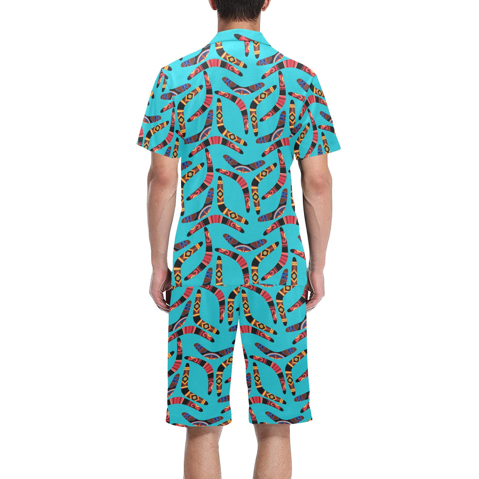 Boomerang Australian aboriginal ornament blue back Men's V-Neck Short Pajama Set