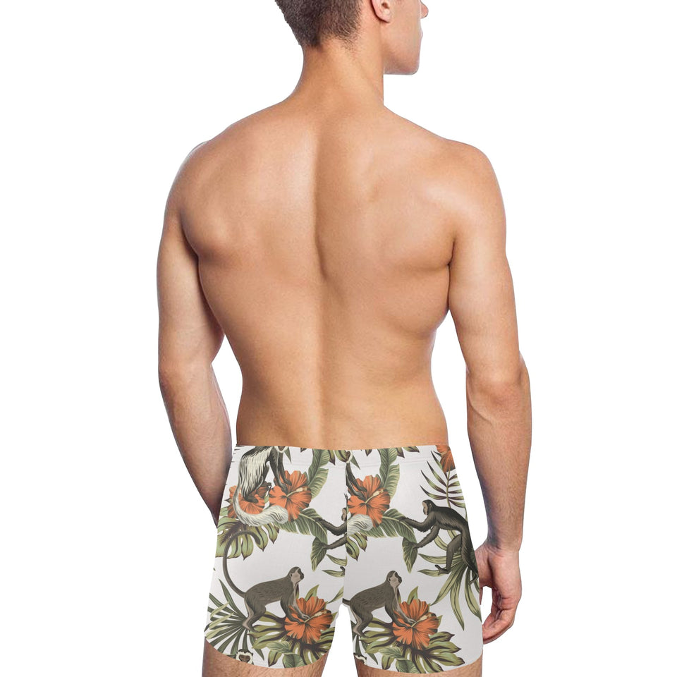 Monkey red hibiscus flower palm leaves floral patt Men's Swimming Trunks