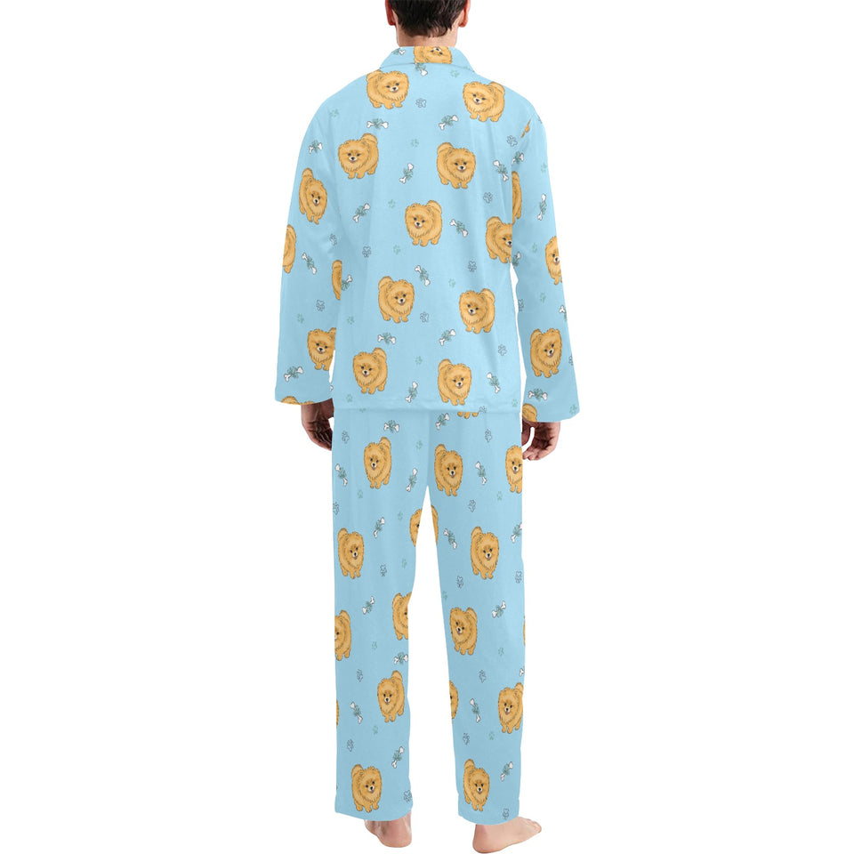 Brown cute pomeranian blue blackground Men's Long Pajama Set