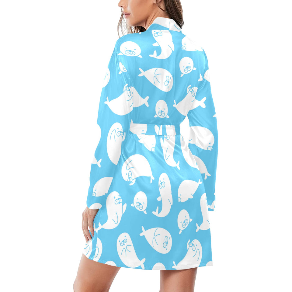 Cute white sea lion seals pattern Women's Long Sleeve Belted Night Robe