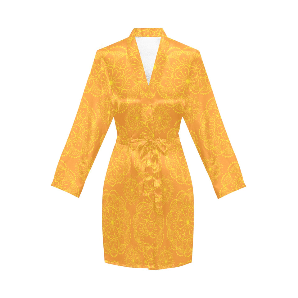 Orange traditional indian element pattern Women's Long Sleeve Belted Night Robe