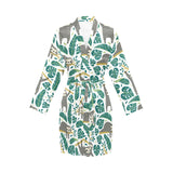 Cute sloths tropical palm leaves white background Women's Long Sleeve Belted Night Robe
