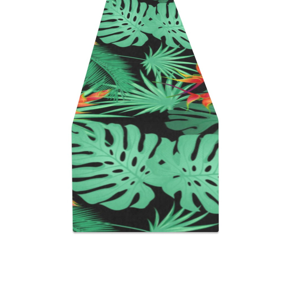 heliconia flower palm monstera leaves black backgr Table Runner