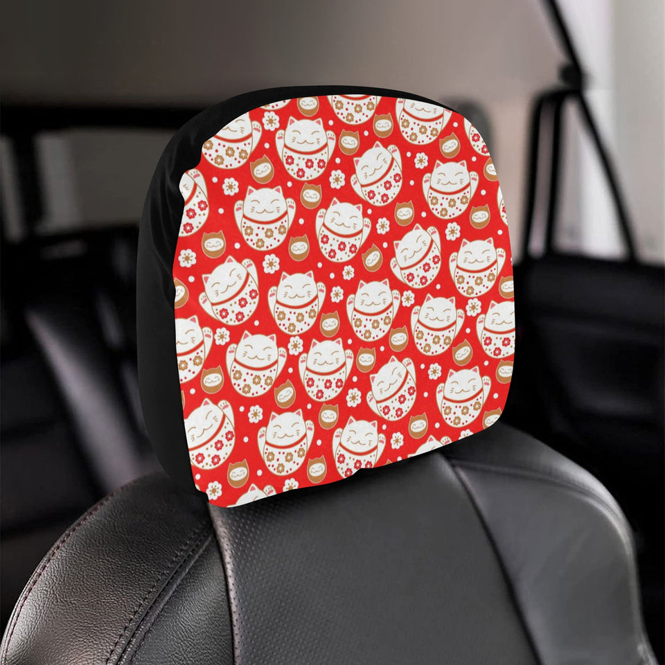 Cute Maneki neko cat red background Car Headrest Cover