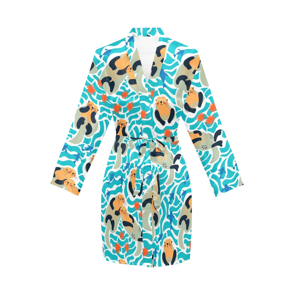 Cute sea otters fishe sea urchin pattern Women's Long Sleeve Belted Night Robe