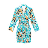 Cute sea otters fishe sea urchin pattern Women's Long Sleeve Belted Night Robe