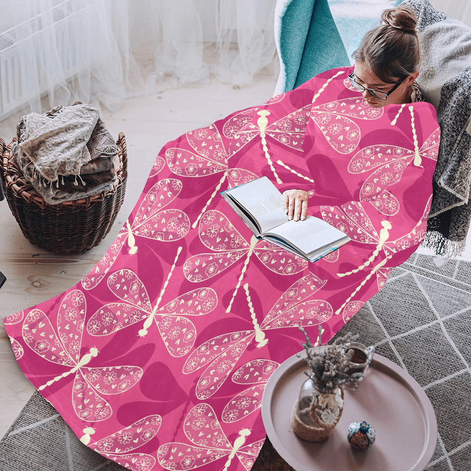 Beautiful dragonfly pink background Blanket Robe with Sleeves