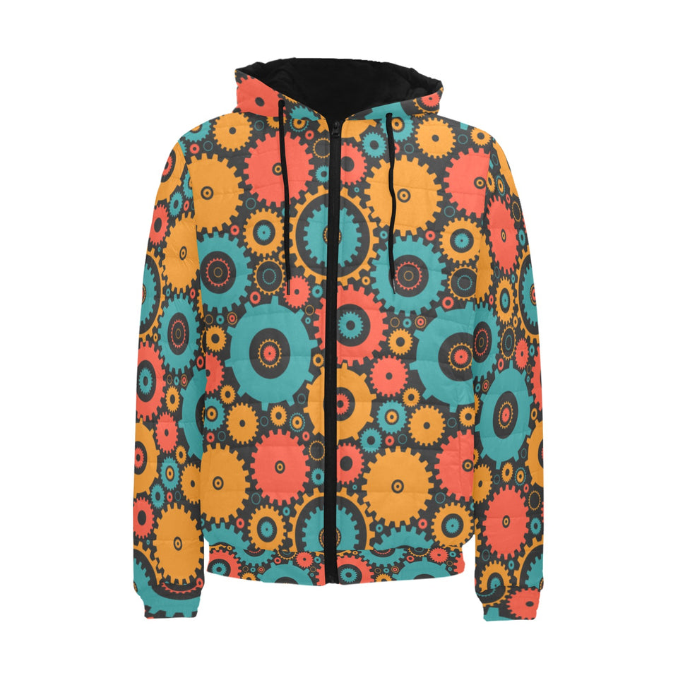 Gear Pattern Print Design 01 Men's Padded Hooded Jacket