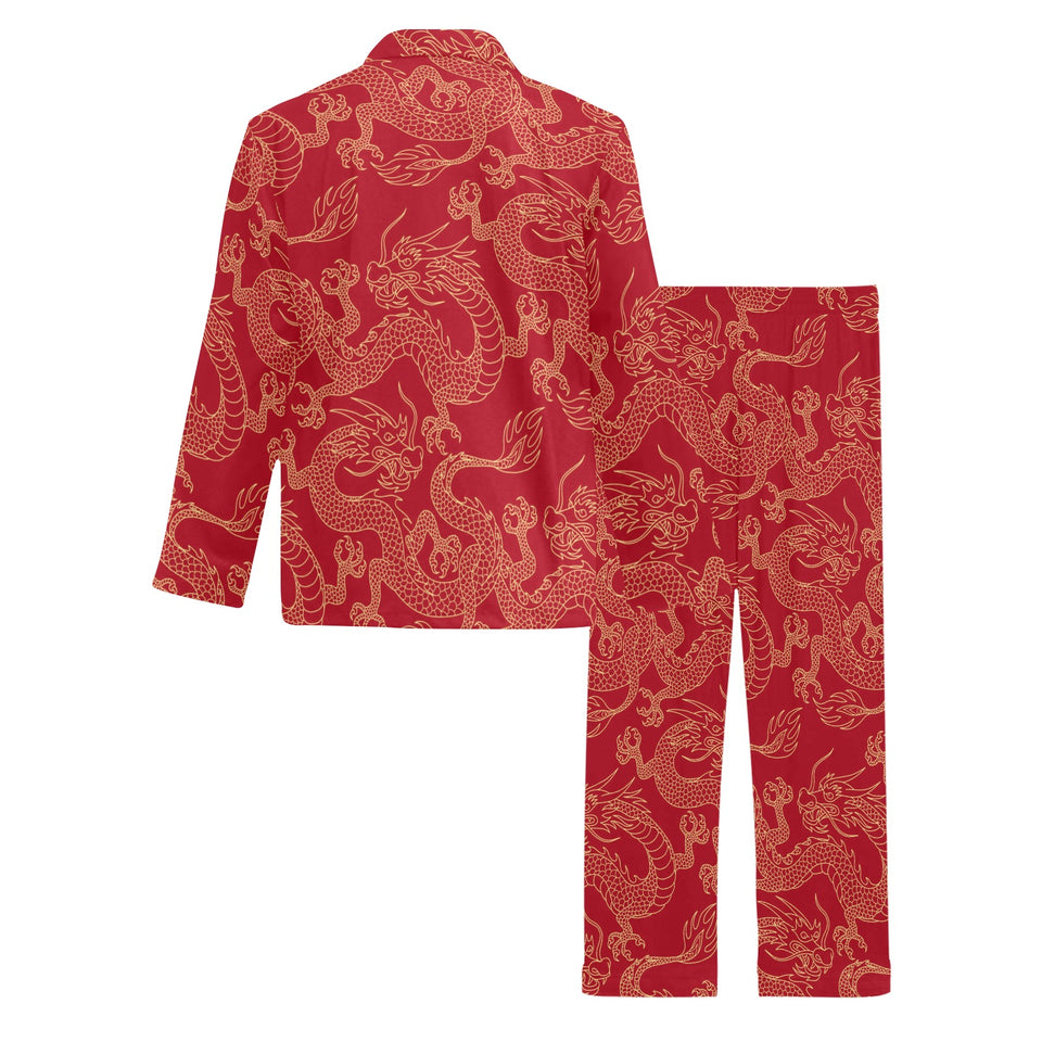 Gold dragons red background Men's Long Pajama Set